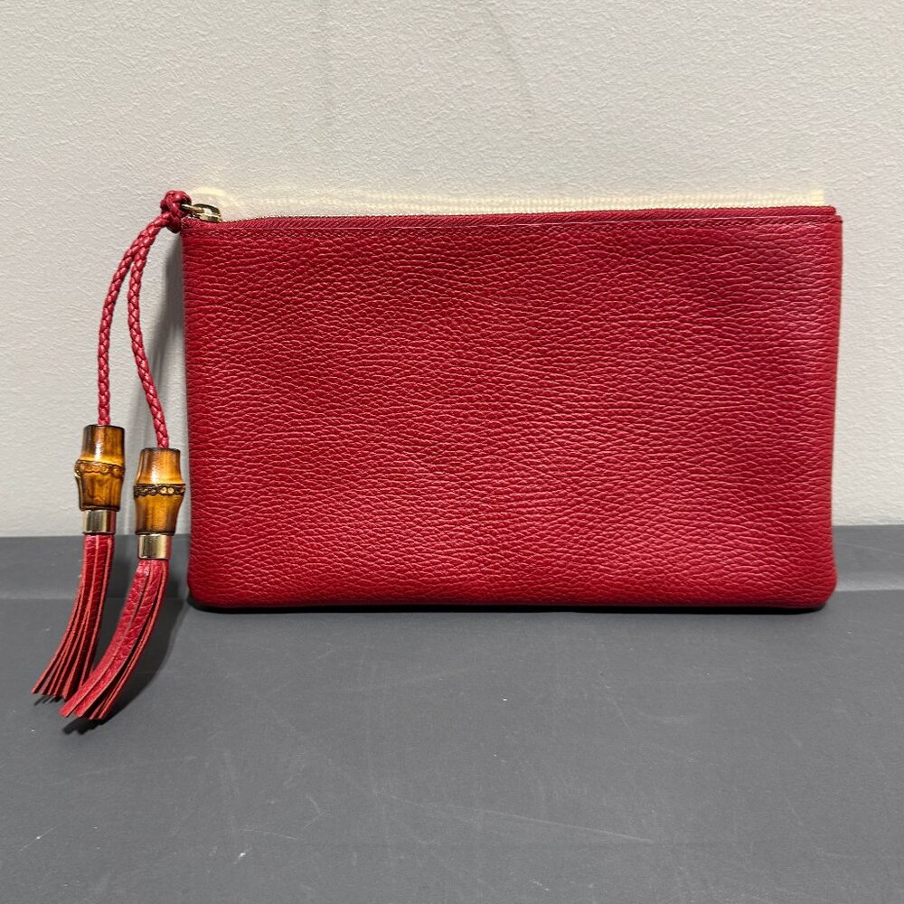 Gucci Red Leather Bamboo Clutch - Picture 1 of 6